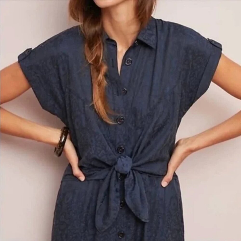 Anthropologie Ett:twa Navy Blue Tie-Front Wide Leg Jumpsuit Size 4 - Picture 4 of 10